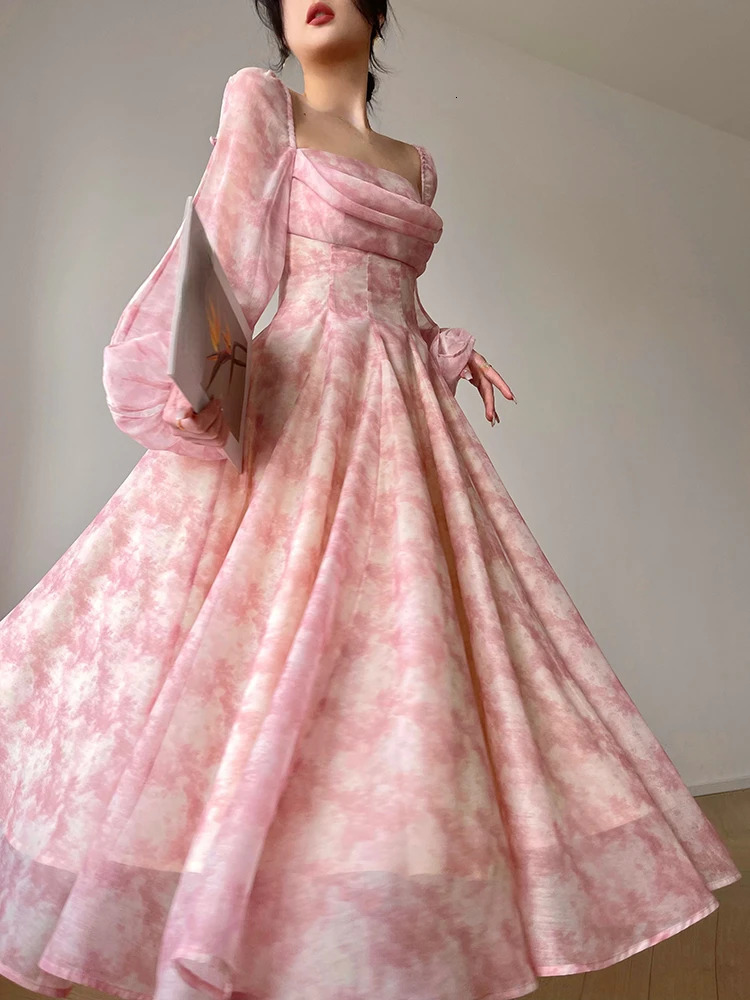 Pink Floral Dress Elegant Woman Long Sleeve Chiffon Casual Midi Dress Even Party Elegant Flormal Dress Beach Style Summer 240410
