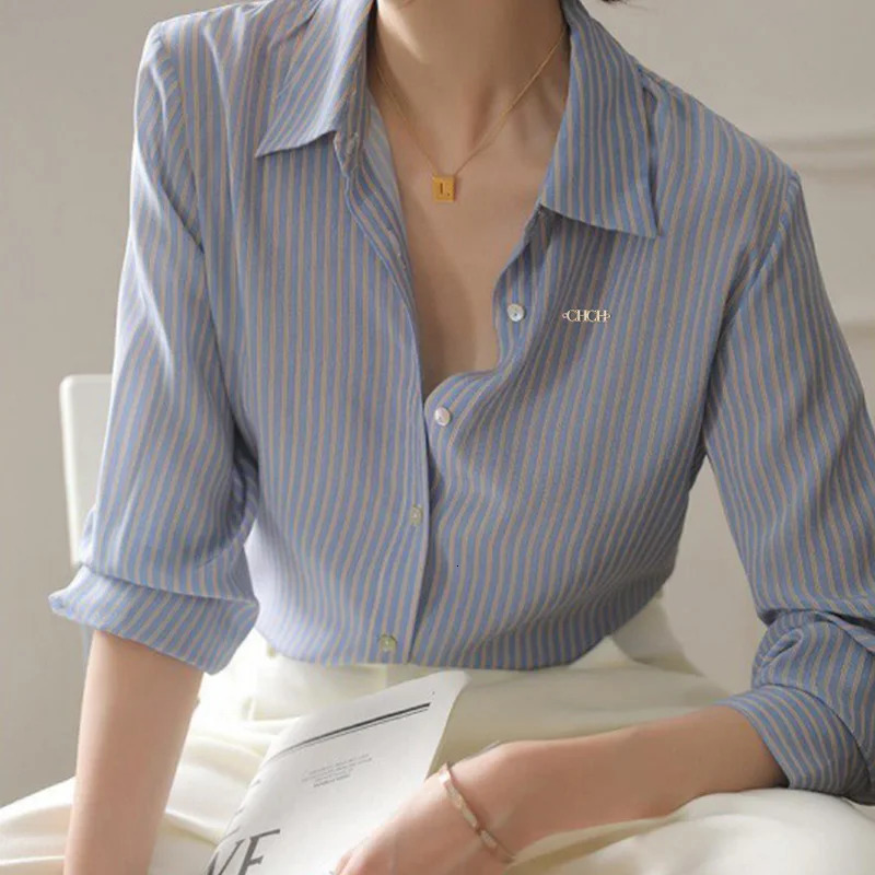 Womens shirt trend classic high-end womens long sleeved retro elegant striped version office womens fashionable top 241115