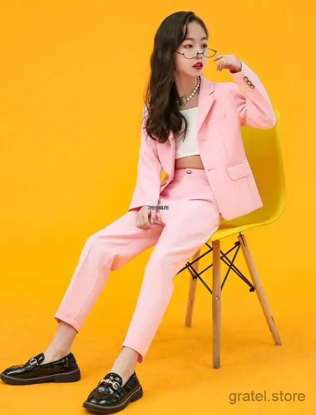 Suits Girls Pink Formal Wedding Suit Kids Jacket Pants 2PCS Party Photograph Set Teenager Tuxedo Party Dress Dance Show Costume