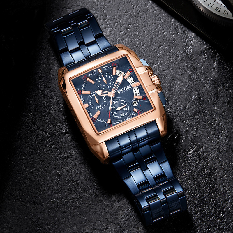Men's Watch Trendy Multifunction Chronograph Steel Strap Cross Border Quartz Men's Watch Thickness 12mm Dial Diameter 40mm Single Folding Bu