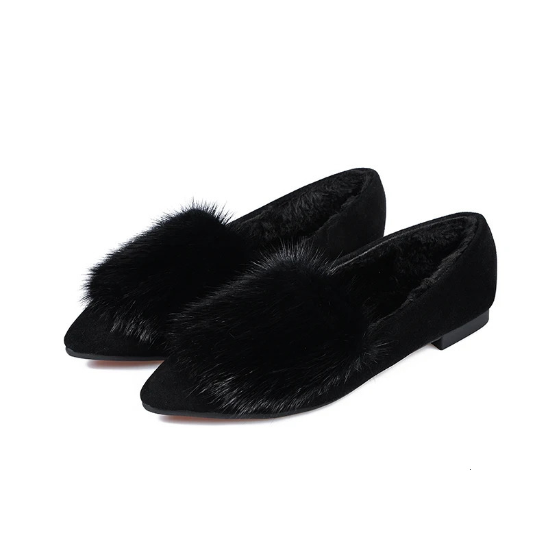 genuine leather mint fur leather shoes womens soft soled warm single shoes ballet dancer Mokasin wool sweater winter wool dot flat 241115