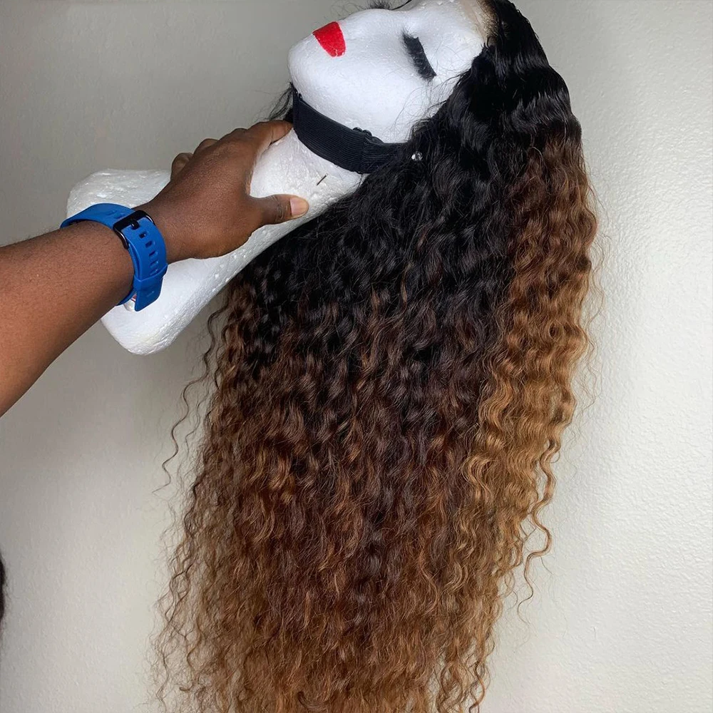 Brazilian Curly 360 Lace Frontal Human Hair Wigs Ombre Brown Lace Front Wig Human Hair Water Wave Synthetic Wig Preplucked for Women