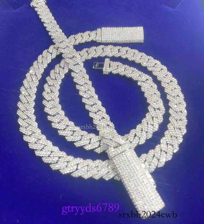 S Solid Sier Chain Jewelry 2rows 10mm 12mm Width GRA Moissanite Dia Cuban k chain Hip Hop Necklace