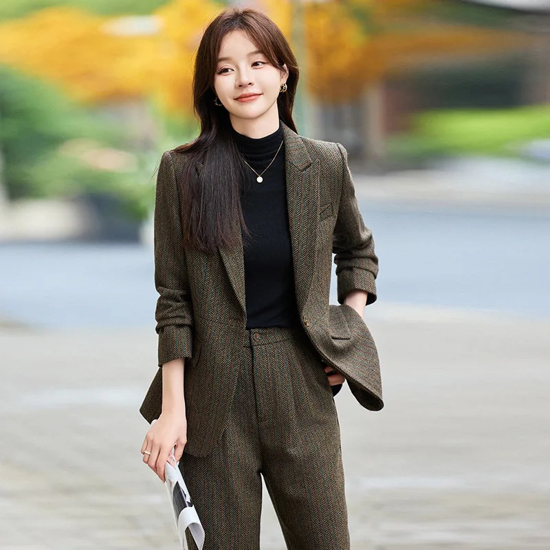 SpringSummer Fashion Wool Blended Jacket Trouser Two Piece Womens Elegant Casual Set Pants 241115