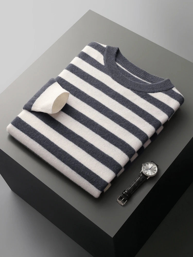 CHICOU Autumn Mens Oneck Striped Wool Pullover Basic Casual Long Sleeve Cashmere Sweater 100% Merino Knitted Top 241115