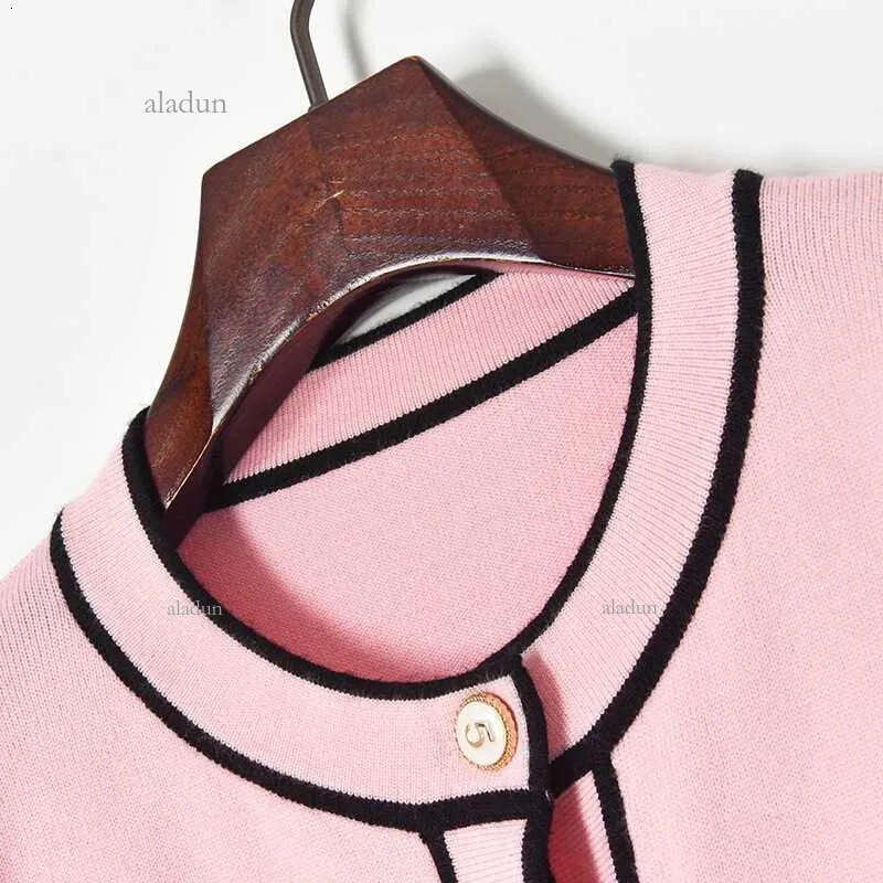 Spring Sweaters Women Double Pocket Round Neck Long Sleeve Pink Crop Cardigan Knitted Coat Fashion Sweet Knitwear Contrast 210610