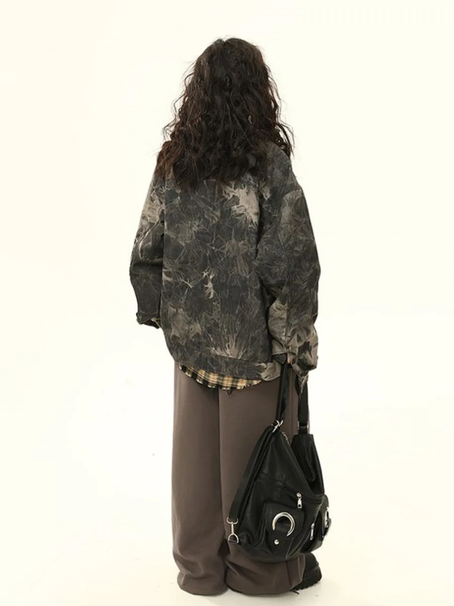 Vintage Y2k tie dye denim jacket mens loose and trendy denim jacket spring and autumn long sleeved full matching casual chic jacket 241115