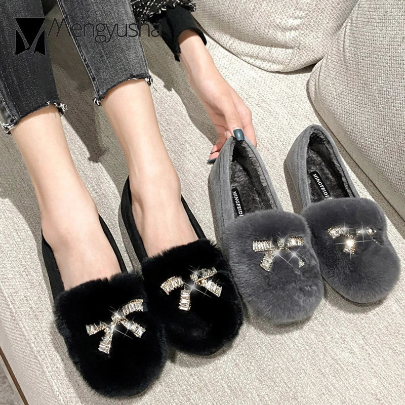 Large size 43 rabbit fur Moccasins womens crystal bowling ball flat round toe slider fur snowshoes winter outdoor shearing ballet dancer 241115