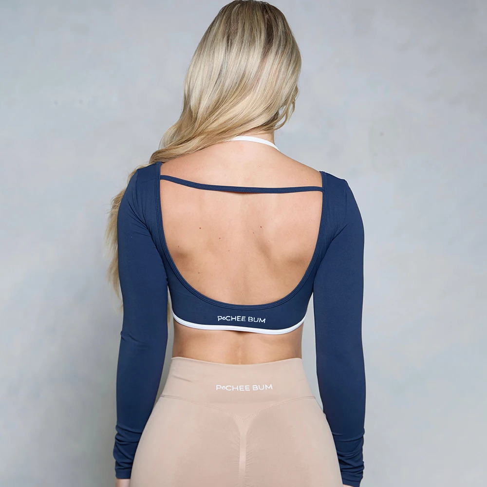 Pchee Bum Open Back Strap Long Sleeve T-shirt Womens Sports Crop Top Sexy Exposed Navy Blue Quick Drying Long Sleeve Running Yoga Shirt 241115
