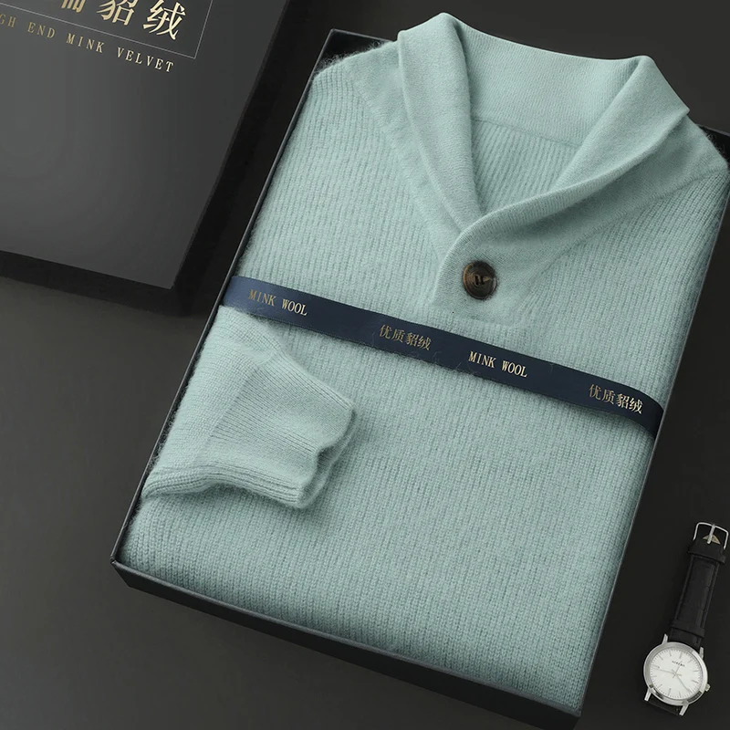 Selling 100% mink cashmere sweater mens long sleeved winter olive collar business casual bottom 241115