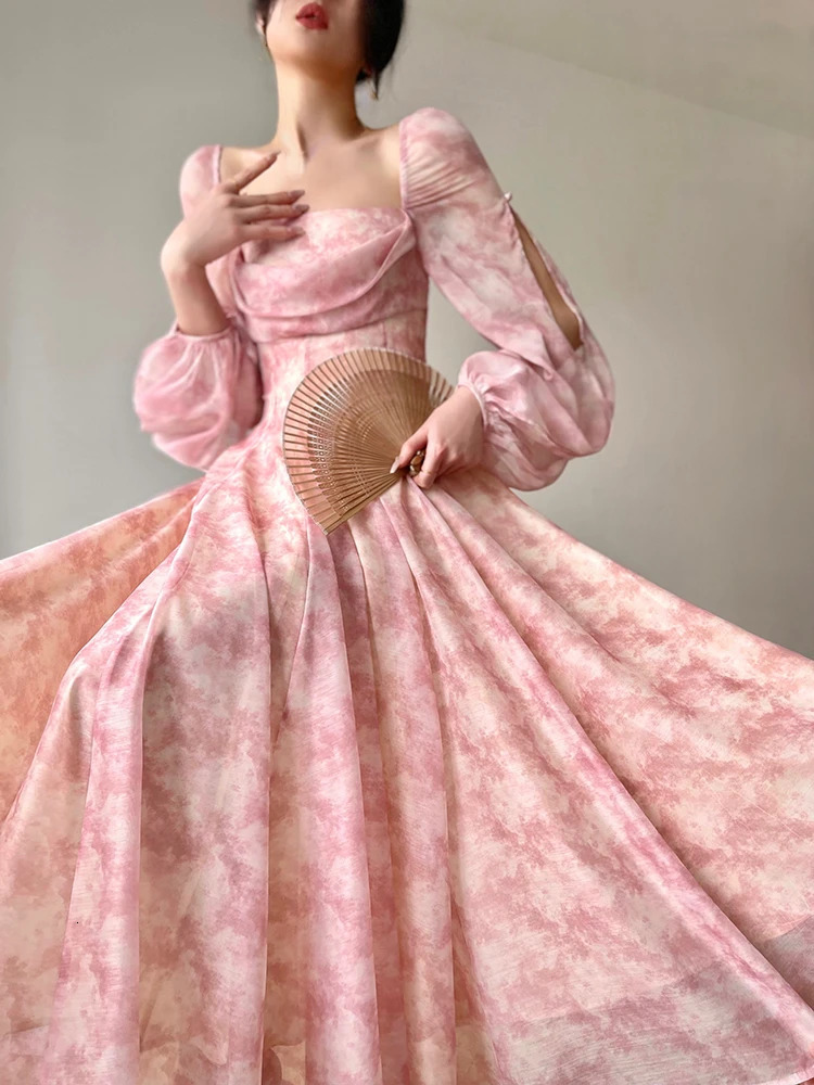 Pink Floral Dress Elegant Woman Long Sleeve Chiffon Casual Midi Dress Even Party Elegant Flormal Dress Beach Style Summer 240410