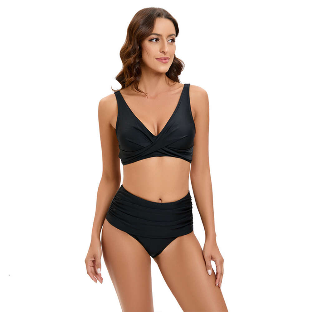 Two Piece Set of Large-sized Solid Color High Waisted Bikini Double Shoulder Swimsuit, Split Body Swimsuit for Women F41649