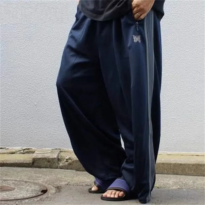 Japan Style Navy Blue Needles Wide Leg Pants Men Women Embroiderey Butterfly Track Pants Drawstring AWGE Sweatpants gym 240412