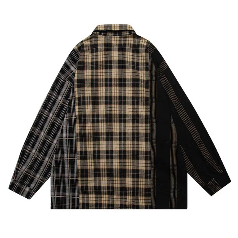 Hip hop mens plain shirt streetwear patch work buttons long sleeved cotton shirt summer Harajuku retro casual loose shirt 241112