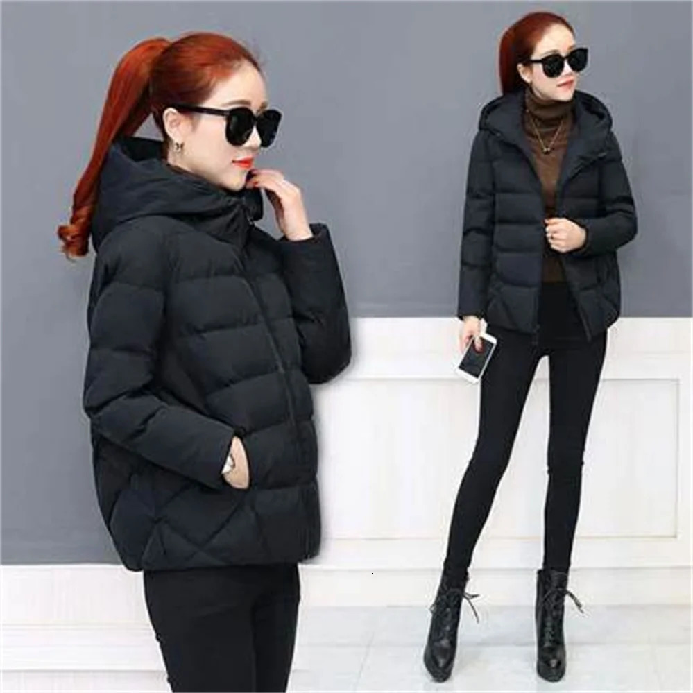 Black Fashion Puffer Coats Winter Hooded Cotton Coat Loose Jacket Short Down Casual Female Outwear 241108