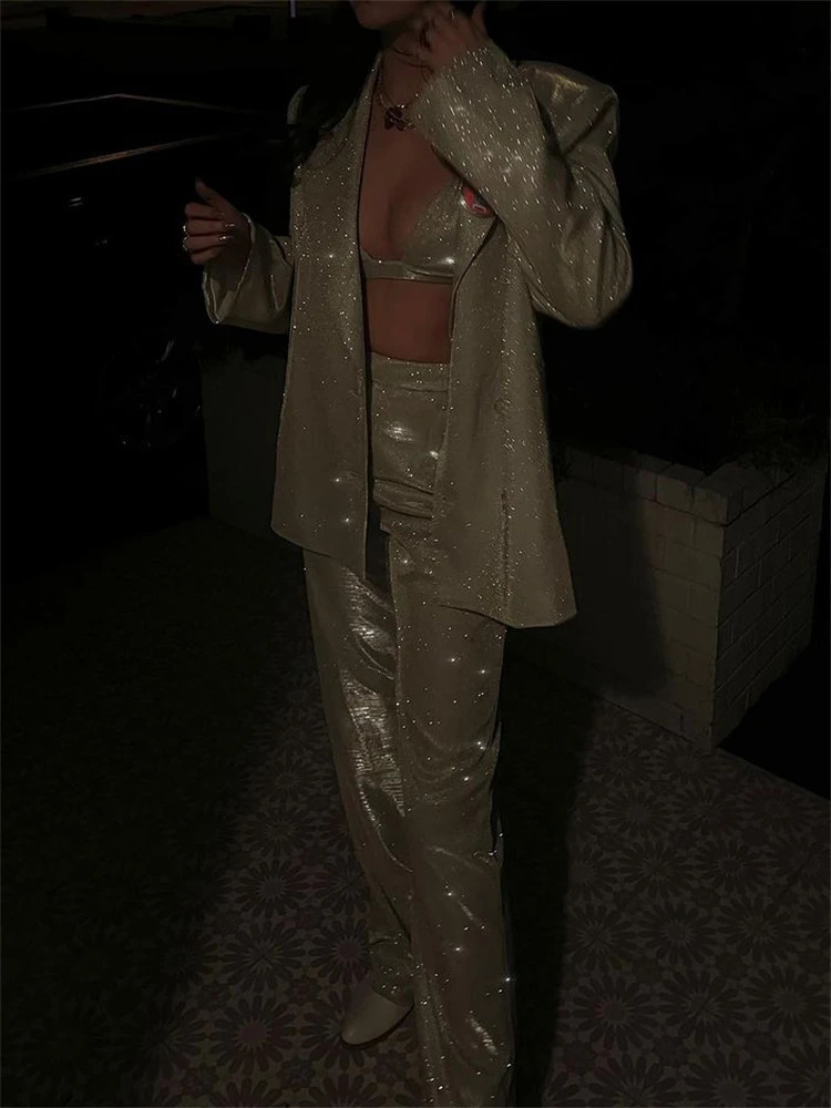 Taruxy Silver Sparkling Ultra fine Womens Jacket Set Casual and Pants Sleeveless Party 241115