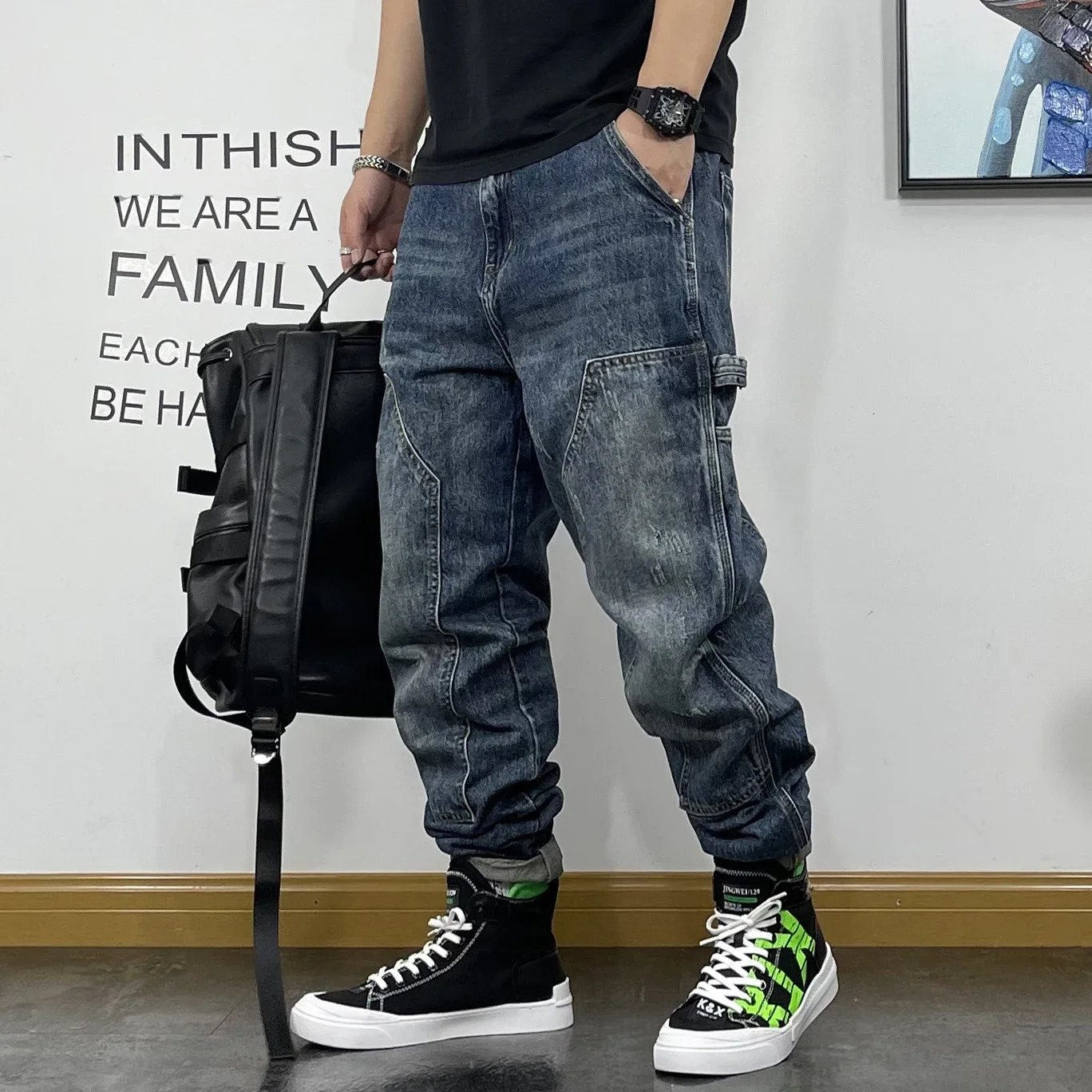 Streetwear Mens Harajuku Hip Hop Retro Bag Jeans Solid Color Loose Wide Leg Straight Denim Trouser Q0 4 241112
