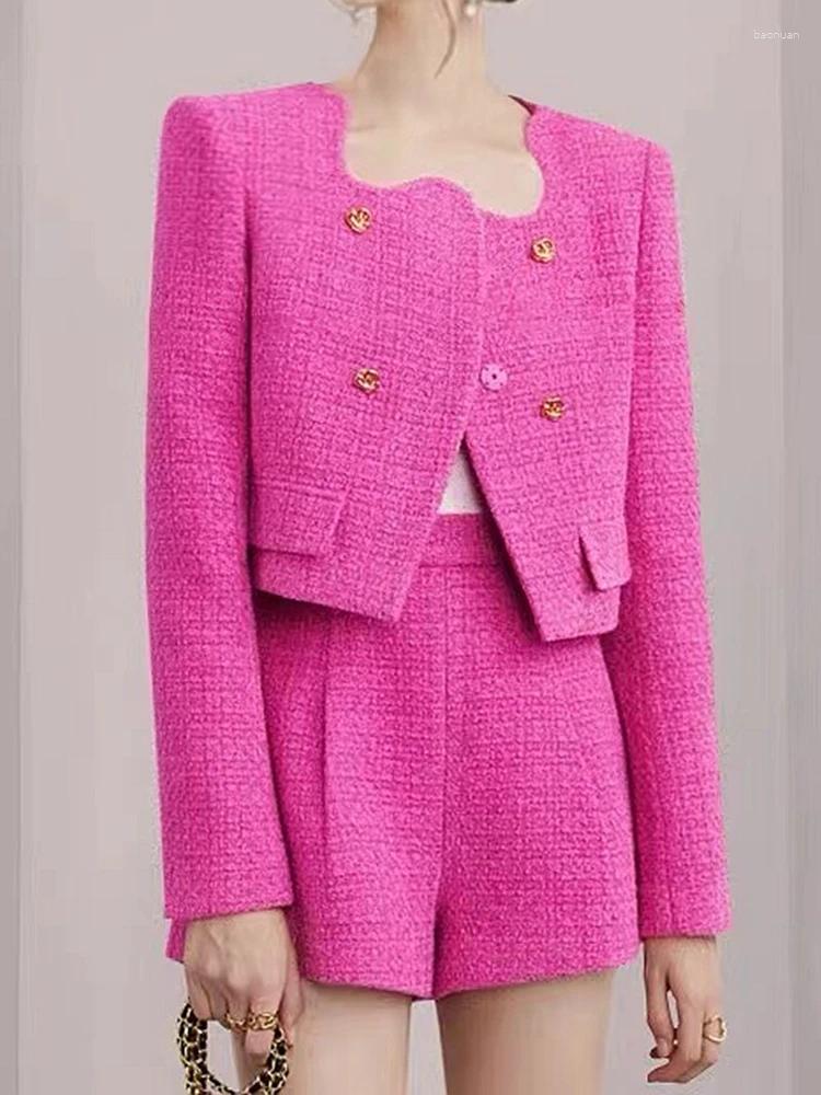 Womens Tracksuits Sweet Girl Elegant Suit Autumn Tweed Square Collar Double Breasted Jacket High Waisted Shorts Fashion Two-piece Set