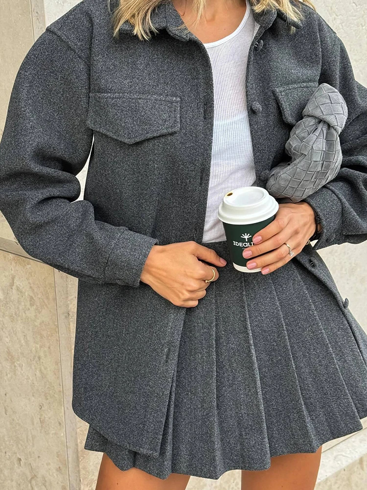 Elegant Autumn Winter Women Two-piece Set Lapel Long Sleeved Woolen JacketHigh Waist Pleated Mini Skirt Set Female 2-piece Set 241116