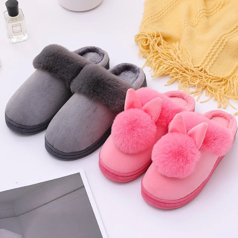 Women Winter Home Slippers NonSlip Soft Warm House Shoes Ladies Indoor Bedroom Slipper Couples Cartoon Cute Rabbit Floor Slides y241115