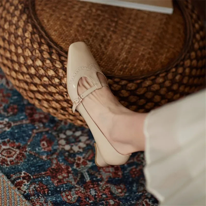 2024 Spring Womens Shoe Patent Leather Solid Color T-shaped Buckle Square Toe Heavy High Heel Casual Single Shoe Project Number 1302 241115