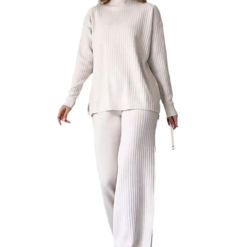 Women Knitted Twopiece Set Casual Loose Womens Home Suit With High Collar Top Wide Leg Trousers Knitting 2 Piece Outfit Winter 241115