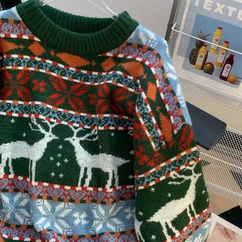 retro Christmas outfit men deer jacquard sweater autumn and winter loose lazy style men and women sweater men clothing 241116