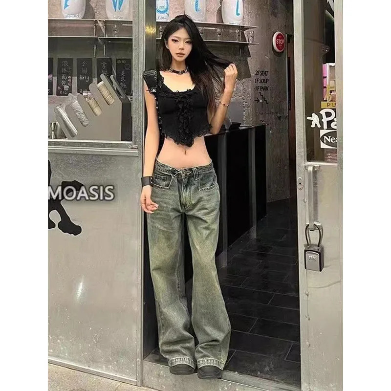 Blue Womens Jeans Hiphop Fashion Vintage Streetwear Y2K Wide Leg Straight Jean High Waist Trouser Classic Baggy Denim Pants 241115