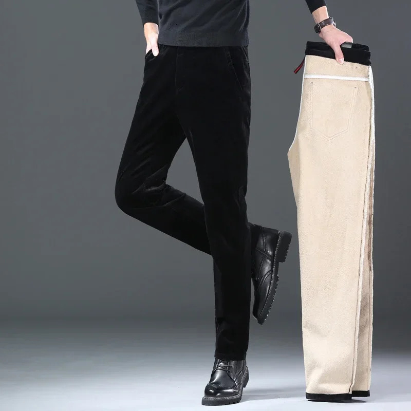 Winter mens Corduroy wool casual pants thick classic fashion straight plush veet Trouser clothing 241115