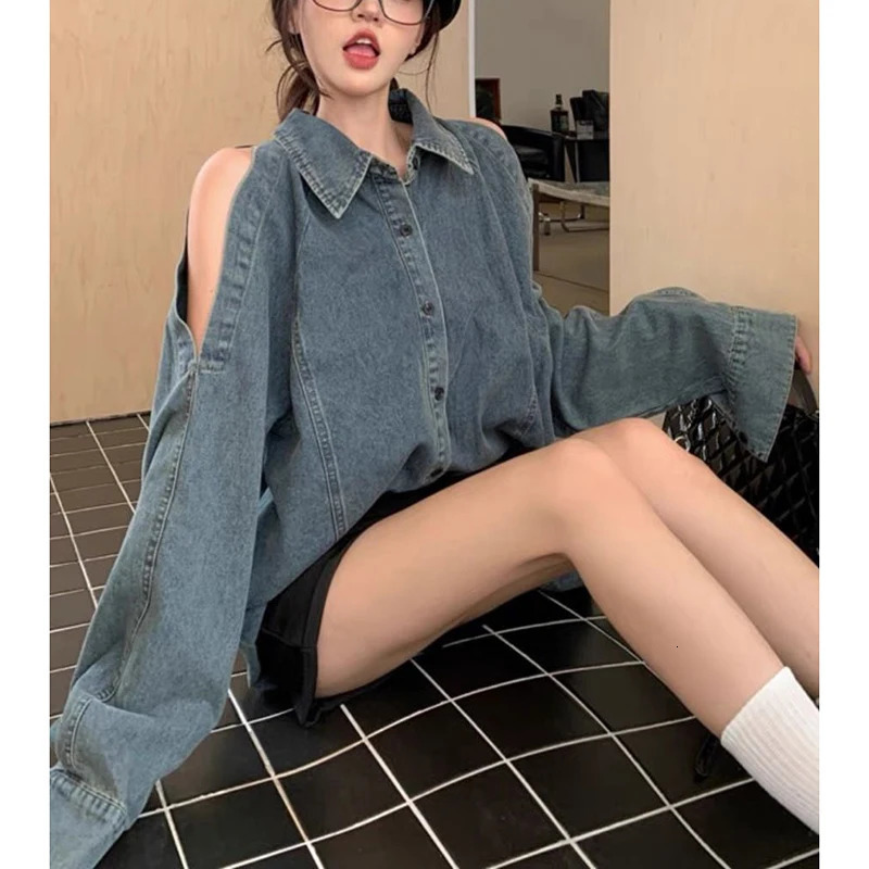 Retro shoulder denim shirt for women fashion single chest mid length jacket for womens streetwear long sleeved pocket top 241115