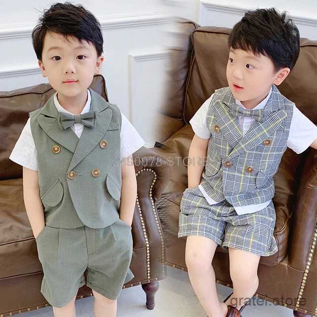 Suits Flower Boys Formal Gentleman Suit Vest +Shorts 2pcs Kids Wedding Clothing Set Children Piano Prom Dance Performance Costume