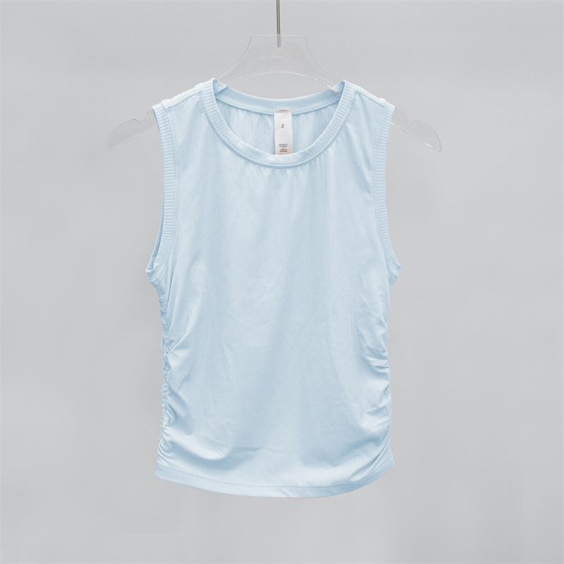Womens Yoga T-shirt Summer Top Womens Ribbed Round CollarSleeveless Elastic Drawstring Sports Fitness Solid Color