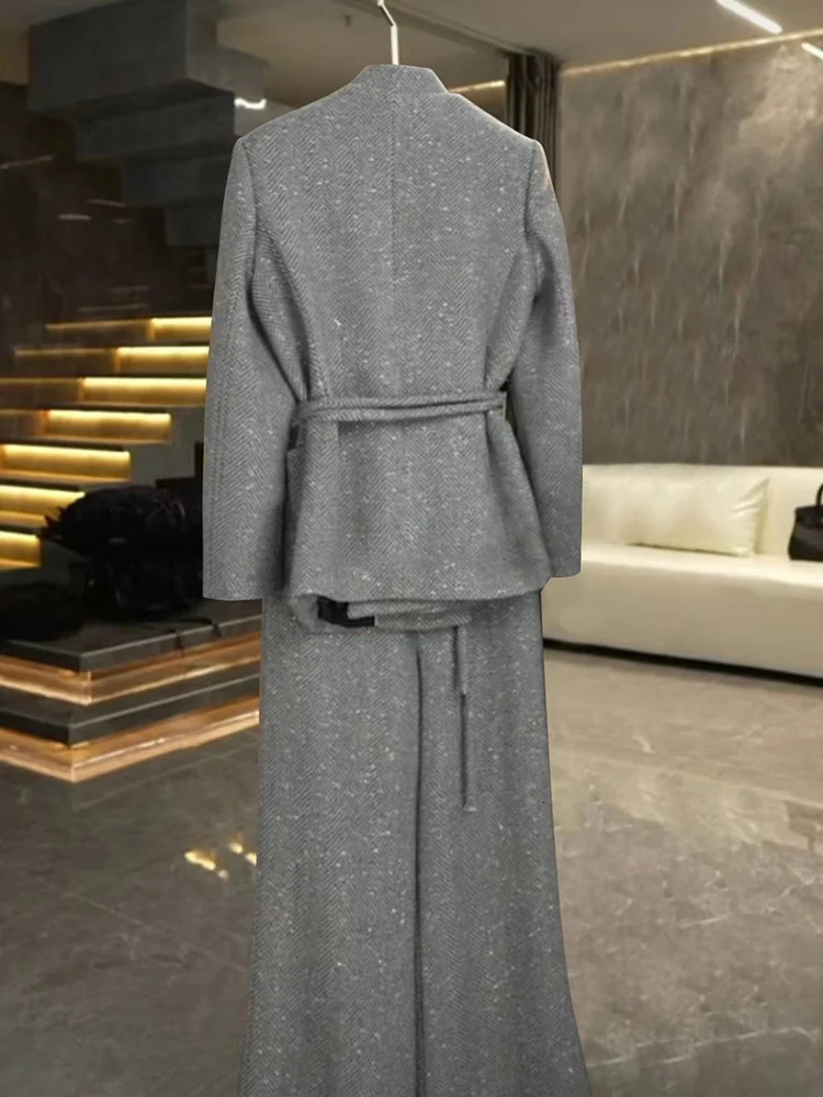 BZVW Office Womens Two Piece Set Vneck Single Button Lace Spliced Waist Jacket Wide Leg Pants 25Z1143 241115