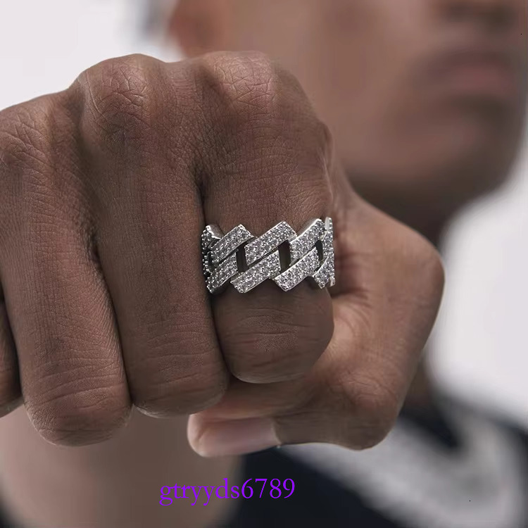 Guang In Stock Wholesale Price Jewelry cross Sier Iced Out 2row Dia Cuban Rings Moissanite Hip Hop Ring