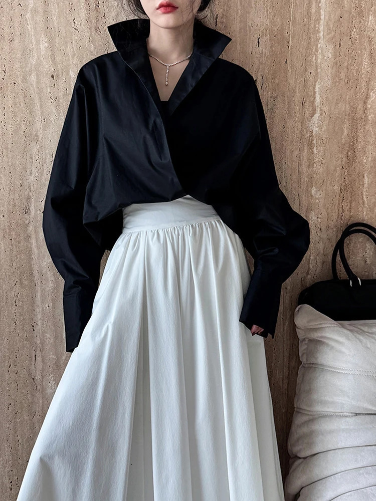 EAM Womens White Short Size Large Elegant Shirt V-neck Long Sleeve Fashion Trend Spring and Autumn 1DH4759 241115