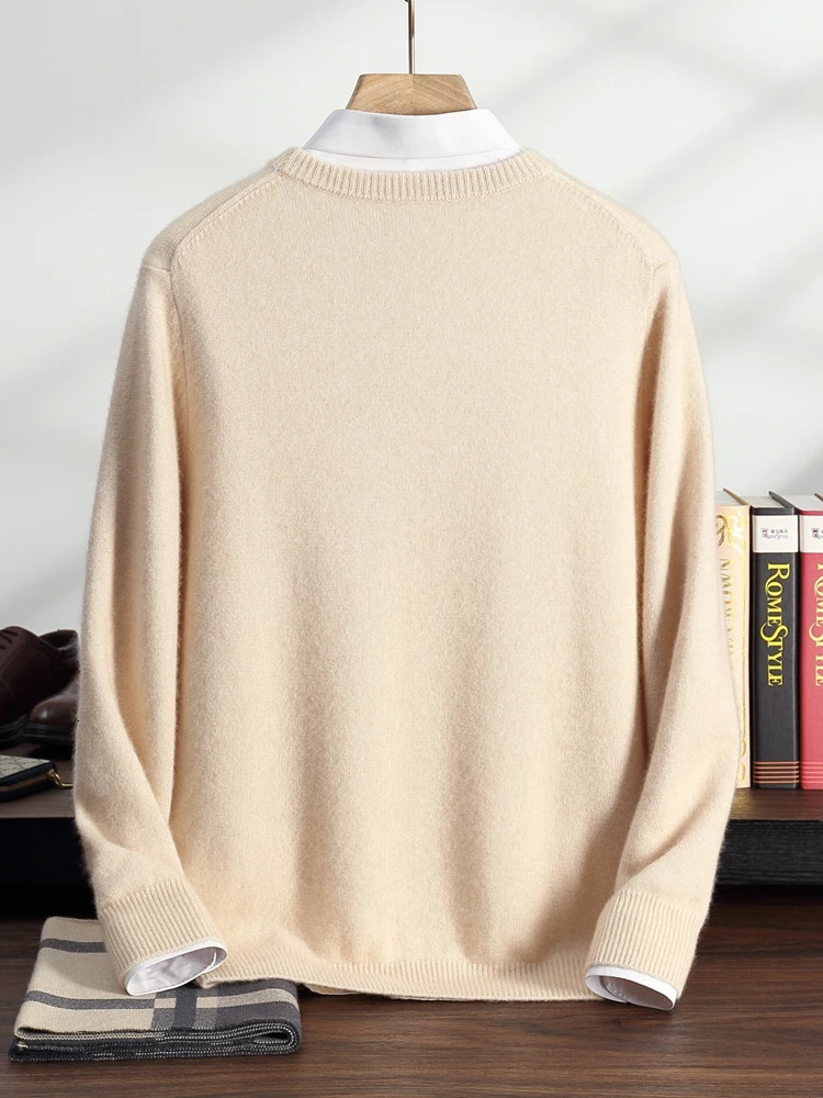 Autumn and Winter 100% Cashmere Sweater Mens Round Neck Pullover Solid Color Knitted Young Thick Warm Bottom Shirt 241115