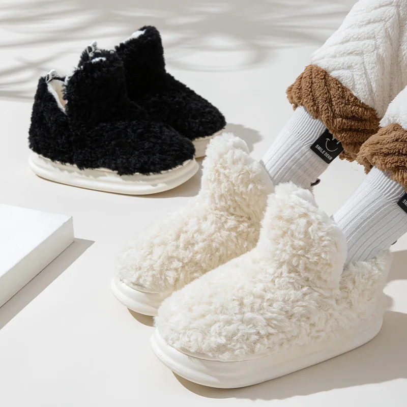 Women Warm Fur Slippers Couples Winter Platform Shoes Soft Plush Thick Sole Girls Boys Indoor Street Snow Boots Fluffy Footwear 241115