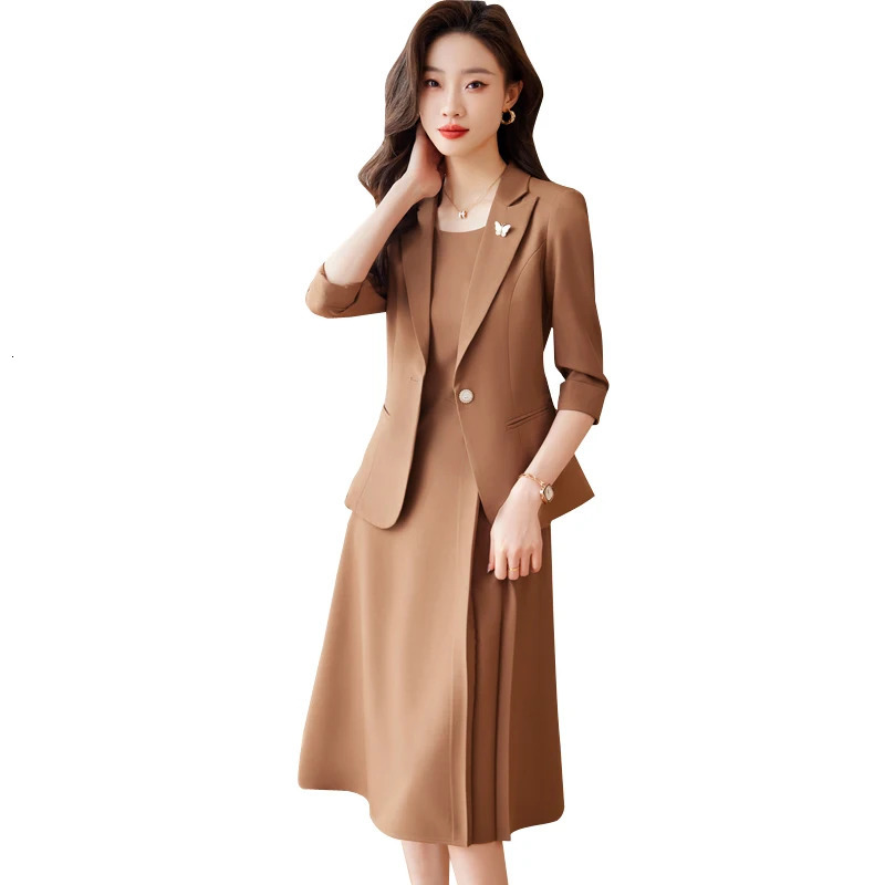 Elegant professional womens clothing fashionable minimalist style showcasing workplace dresses paired with jackets in the set 241115