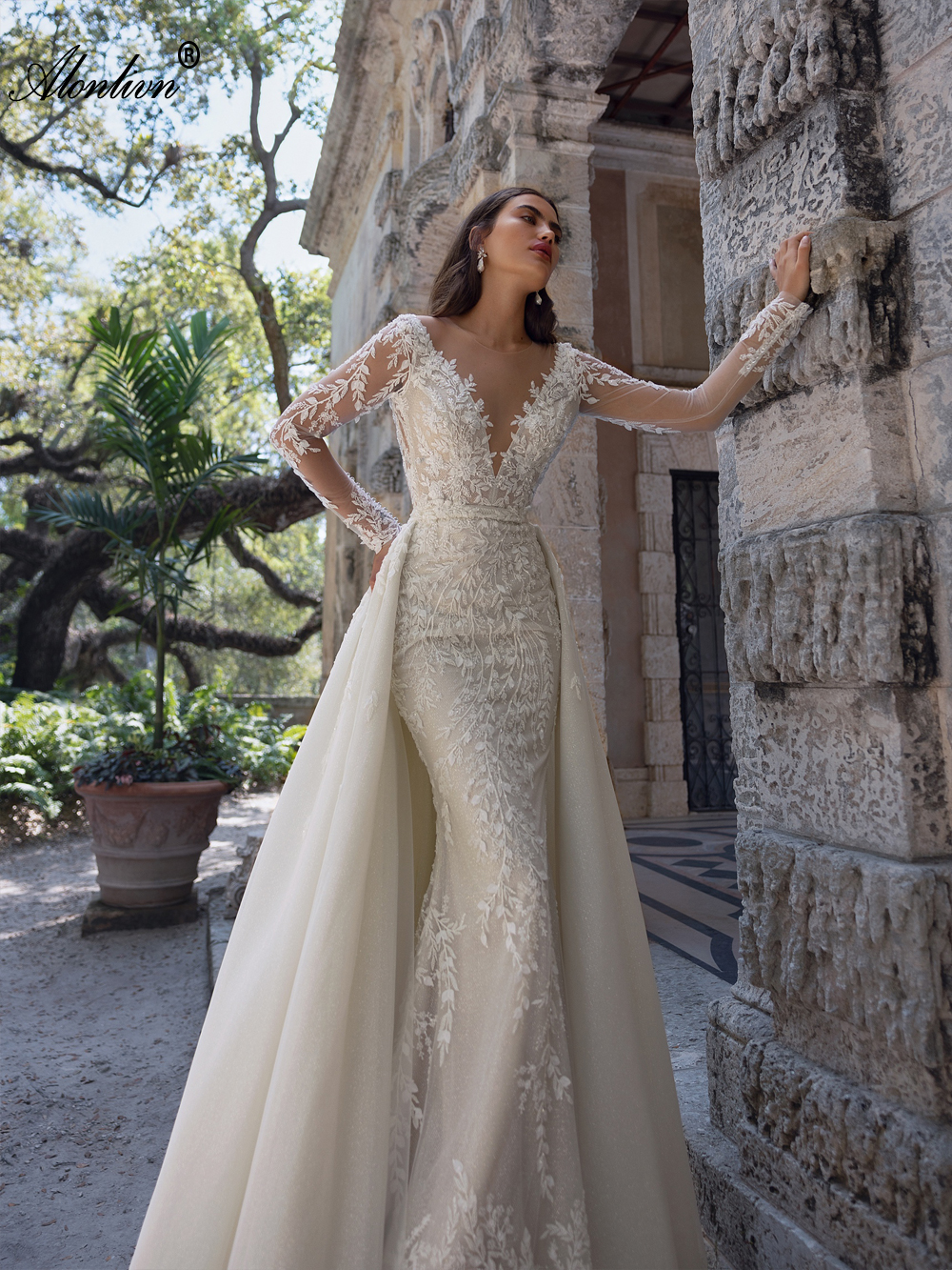 Allover Lace Beading Lace Sheer Neck 2 In 1 Mermaid Wedding Dress With Sliky Tulle Removable train Full Sleeves Trumpet Bridal Gowns With Floral Print