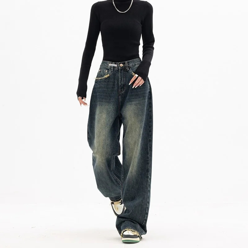 Spring Autumn Wide Leg Jean High Waist Denim Trousers Jeans Harajuku Vintage BF Style Loose Femme Streeetwear 241108