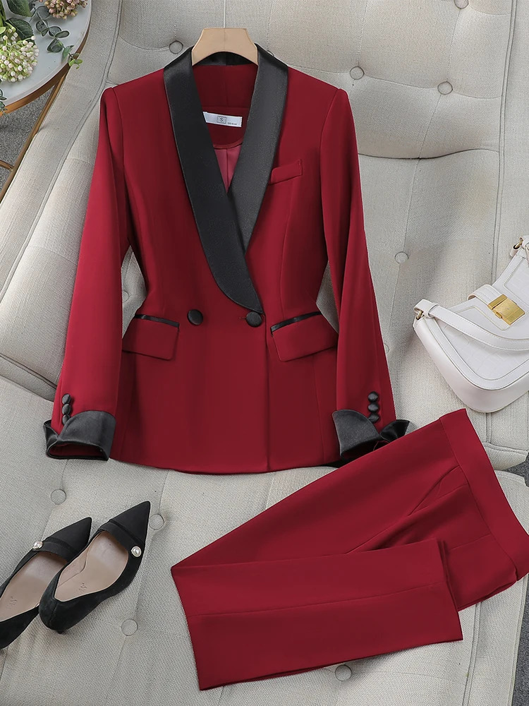 Elegant red and black womens pants set office business work clothes 2piece formal jacket Trouser 241115