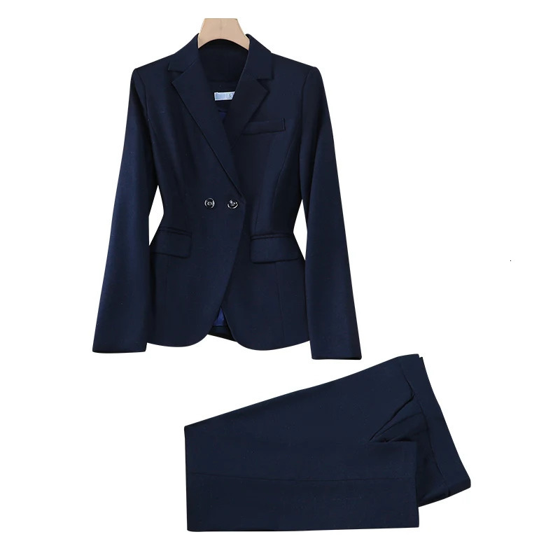 AutumnWinter Black Grey Purple Elegant Double Chest Sports Jacket Top and Womens High Waist Pants Two Piece Set 241115