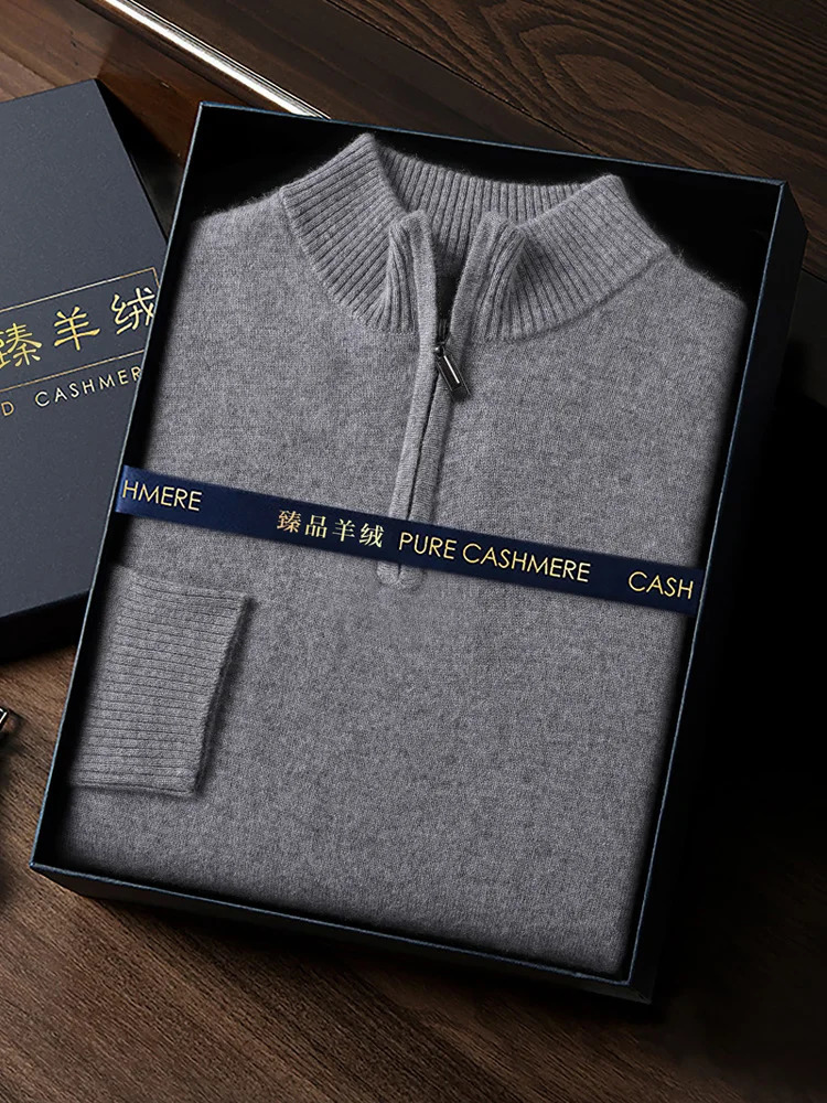Qiku Mens 100% Cashmere Sweater Zipper Collar Plain Long Sleeve Basic Knitted Autumn Clothing Top 241115