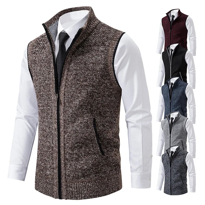 Vest Men Knitted Sleeveless Sweater Jacket Wool Velvet Zipper Cardigan Turndown Pullovers Turtleneck Sweatercoat Knit Waistcoat 241115