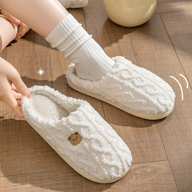 Plain Striped n Home Slippers Women Winter 2024 Soft Sole Anti Slip Cotton Shoes Woman Indoor Warm Soft Plush Slippers 241115