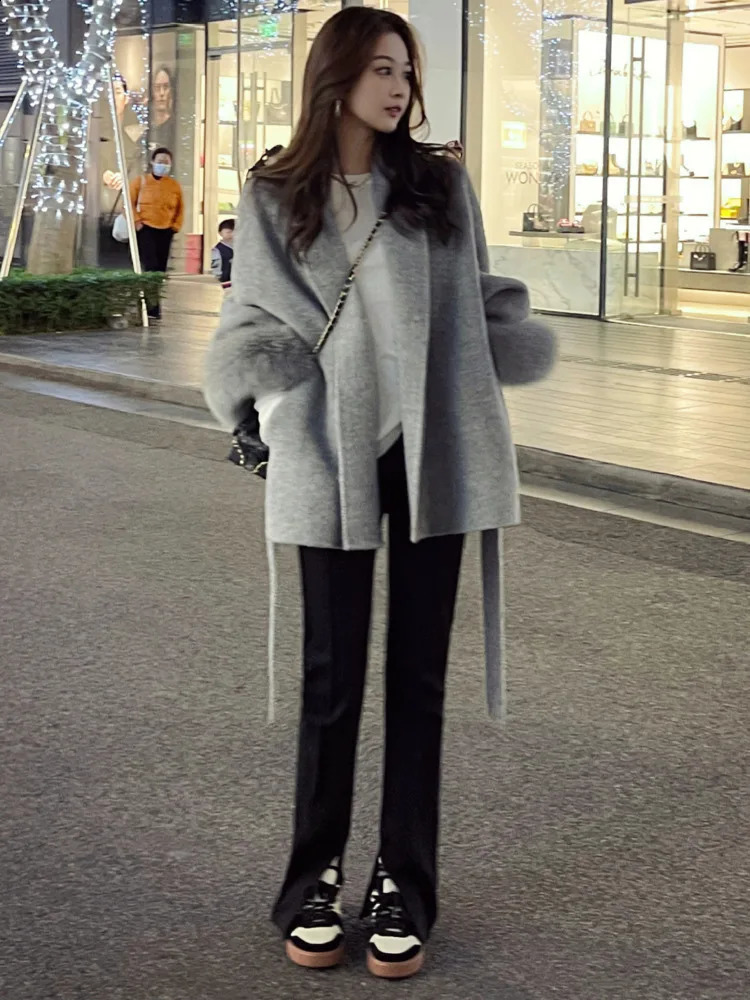 BJTZ High End Doublesided Wool Strapping Coat Womens Removable Cuffs Fur Temperament Cashmere Short Jacket 241116