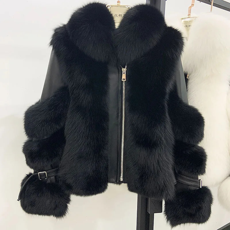 Maylofuer Women Real Fox Fur Coat Genuine Sheepskin Leather Jacket Long Sleeve 100% Natural Coats with Detachable Collar 241116