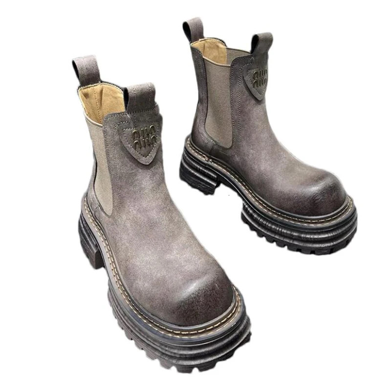 Chunky Platform Women Ankle Snow Boots Mid Heels Fashion Leather Shoes Woman Winter 2024 Trend Casual Goth Botas Mujer