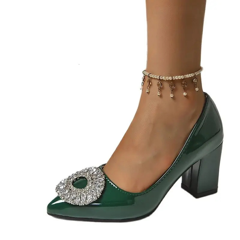 Aphixta Shiny Large Crystal Round Buckle 7cm Thick High Heel Pump Womens Shoes Dark Green Fashion Casual Corner Toe Pump 241115