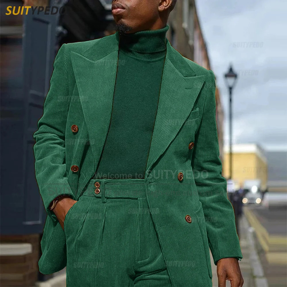 Corduroy Men Suits Slim Fit Set Double Breasted Blazer Pants 2 Pieces Tailormade Business Party Wedding Tuxedos for 241115